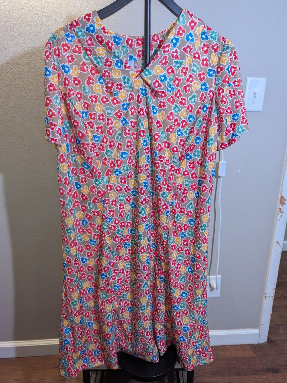 Vintage Handmade Multicolor Floral Collared V-Neck Short Sleeve Dress